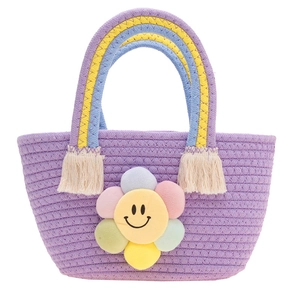 Purple woven tote bag for kids with rainbow handles and a plush sunflower charm