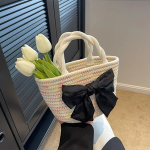 Borsa a Secchiello Intrecciata a Mano Pastorale Vintage da Donna Grande Fiocco in Raso Nero Spiaggia Mini Borsa a Mano Elegante