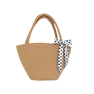 Fashionable khaki woven straw tote bag with vintage polka dot silk ribbon bow decoration