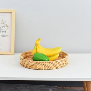 Handmade Round Woven Wicker Storage Tray With Handles For Fruit Vegetable Bread Rustic Decorative Home Kitchen Organizer Basket