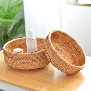 Set of 2 handcrafted round rattan woven baskets for fruit and bread storage home decor