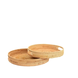 Handwoven round rattan storage trays set of 2 with side handles for fruit and home organization