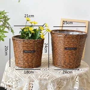 Detail of woven rattan planters with waterproof liner and Show Me Your Love label