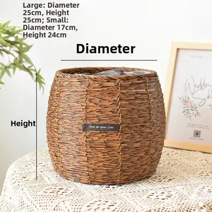 Detailed dimensions of woven storage baskets with leather labels for home decor