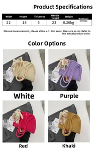 Detailed size specifications for woven cotton rope shoulder bag with decorative ribbon flowers