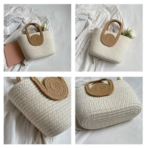 Collage showing white woven tote bag with brown handles and flower decor from various angles