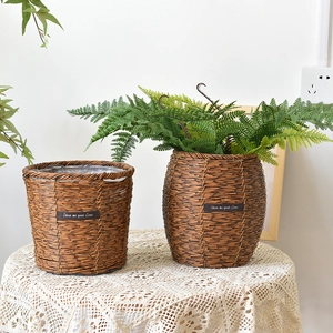 Hand-woven Rattan Storage Basket Waterproof Flower Pot Cover Pastoral Style Home Decor Indoor Planter Decorative Woven Basket With Leather Tag