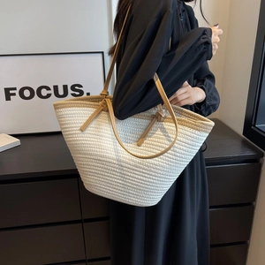 Women Straw Woven Tote Bag Large Capacity Casual Beach Handbag Stylish Summer Travel Vacation Shoulder Bag