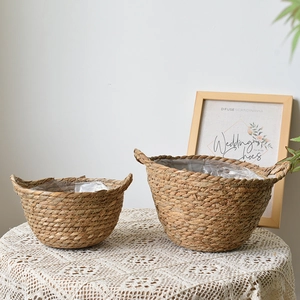 Set of two woven seagrass planters with handles and waterproof liners for home plants