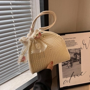Handmade Cotton Rope Woven Underarm Bag For Women Lace Floral Bow Decor Half Moon Shoulder Bag Vacation Sweet Casual Handbag