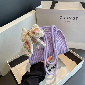 Purple woven shoulder bag with white lace floral embroidery bow and elegant gift packaging