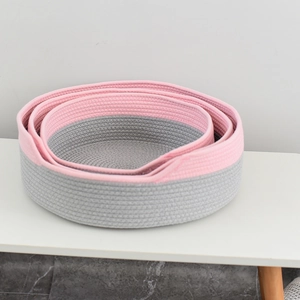 Lot de trois paniers en corde de coton tressée rose et gris pour rangement maison