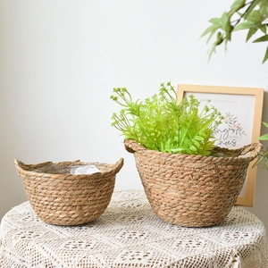 Hand-Woven Seagrass Planter Basket With Dual Handles Waterproof Plastic Liner Nordic Style Indoor Plant Pot Storage Basket For Living Room Balcony Home Decor