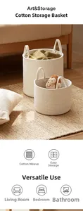 Detailed close-up of woven cotton rope texture on two matching beige storage baskets