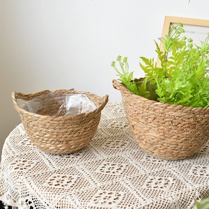 Natural seagrass plant basket with handles and waterproof lining for home decor