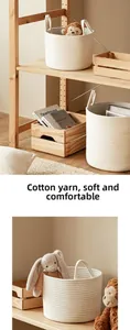 Detail of woven cotton storage basket with handles for toys and laundry in home setting