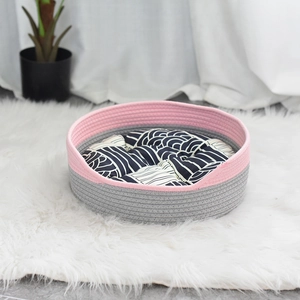 Lit Rond pour Animaux de Compagnie en Corde de Coton Tissée à la Main Nid de Chat Respirant avec Coussin Imprimé Douceur