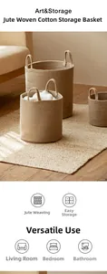 Detail view of woven jute cotton baskets with handles for modern home storage