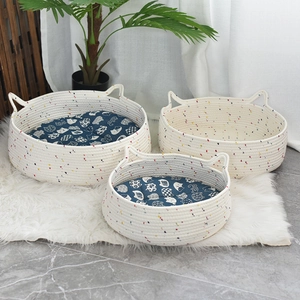 Three-piece set of woven cotton cat beds in various sizes with cute cat ear details