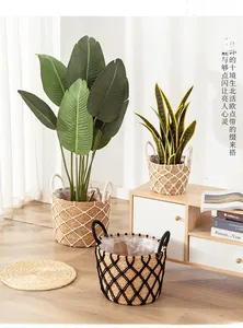 Macro detail of hand-woven seagrass baskets with waterproof liners and net decor