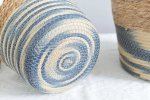 Detailed close-up showing the bottom weaving process and blue straw texture of the flower basket