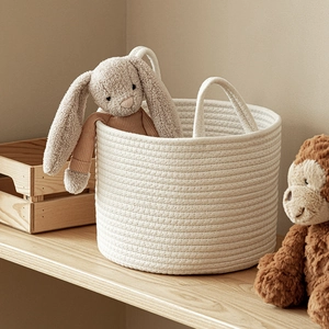 Nordic woven cotton rope storage basket with handles for laundry and nursery toys