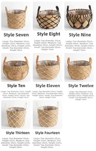 Detail grid of woven seagrass plant baskets with plastic lining in various sizes and styles