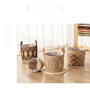 Detail of woven seagrass plant basket showing interior plastic lining and diamond pattern