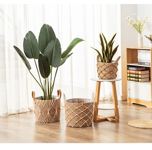 Three-piece seagrass woven plant baskets with waterproof lining and leather handles