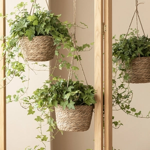 Cesta Colgante de Junco Tejida a Mano Rústica para Plantas de Interior Estilo Pastoral Maceta de Hierba Tejida Decoración