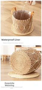 Detail view of woven seagrass basket with waterproof inner liner and leather handle