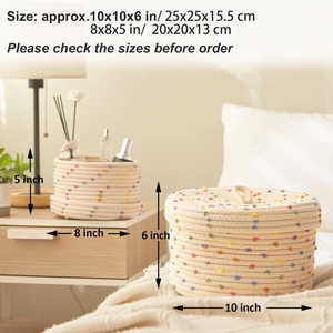 Detailed view of woven cotton rope baskets with colorful dots for home organization