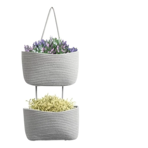 Double-tier grey woven cotton rope wall hanging basket with creative boho storage design