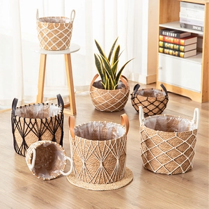 Nordic Polyester Handwoven Plant Basket With Waterproof Liner Leather Handles Decorative Foldable Storage Laundry Basket