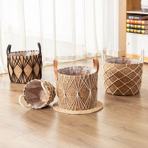 Handwoven seagrass plant baskets with waterproof liners and decorative mesh in four sizes