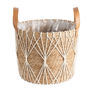 Natural seagrass woven plant basket with white diamond mesh and leather handles