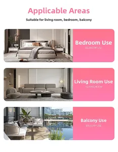 Versatile round woven cotton rug shown in bedroom, living room, and balcony settings