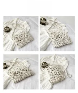 Détails du sac bandoulière en macramé fait main avec franges et motifs géométriques