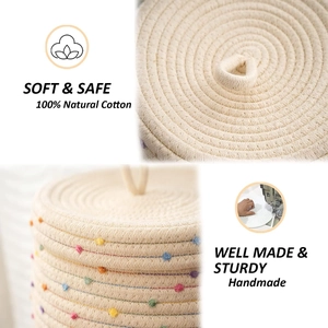 Handmade 100% natural cotton woven storage basket with lid and colorful pom poms