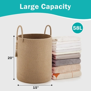 Close-up of 58L cotton rope laundry basket with dual handles and wooden bead tassel details