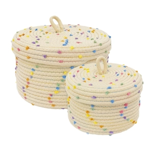 Two-piece woven cotton rope storage baskets with colorful pom poms and lids