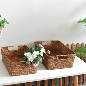 Handwoven Seaweed Storage Basket With Hollow Handles Rustic Japanese Style Desktop Organizer For Kitchen Living Room Sundries