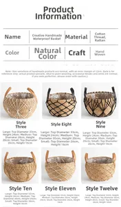 Size chart for handmade woven planter baskets in three sizes with waterproof lining details