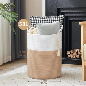Detail view of 58L cotton rope storage basket with dual-tone design and 50cm height dimensions