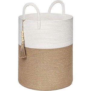 Woven cotton rope laundry basket with dual handles and wooden bead tassel decoration