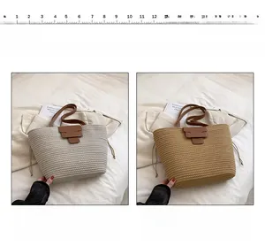 Detailed comparison of beige and khaki woven tote bags with leather straps and 20cm scale