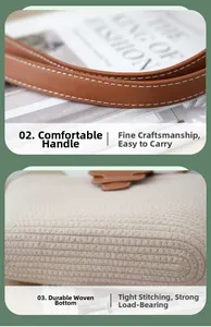 Detailed view of brown leather handle with white stitching and woven rope bag bottom