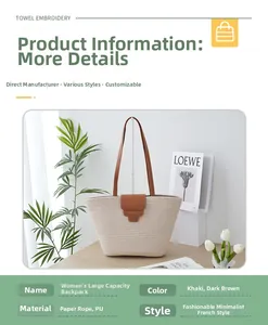 Detail view of khaki woven tote bag showing paper rope material and brown PU leather straps