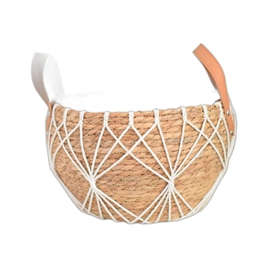 Nordic hand-woven rattan planter basket with white rope net and leather handles