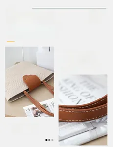 Macro detail of high-quality woven tote with premium brown leather strap attachment